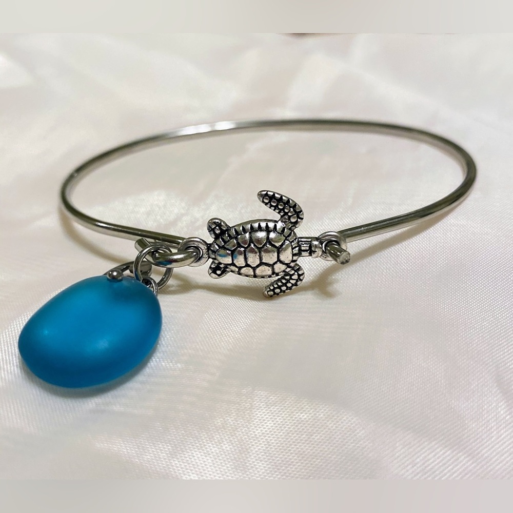 Sea Turtle Blue Sea Glass Bangle Bracelet